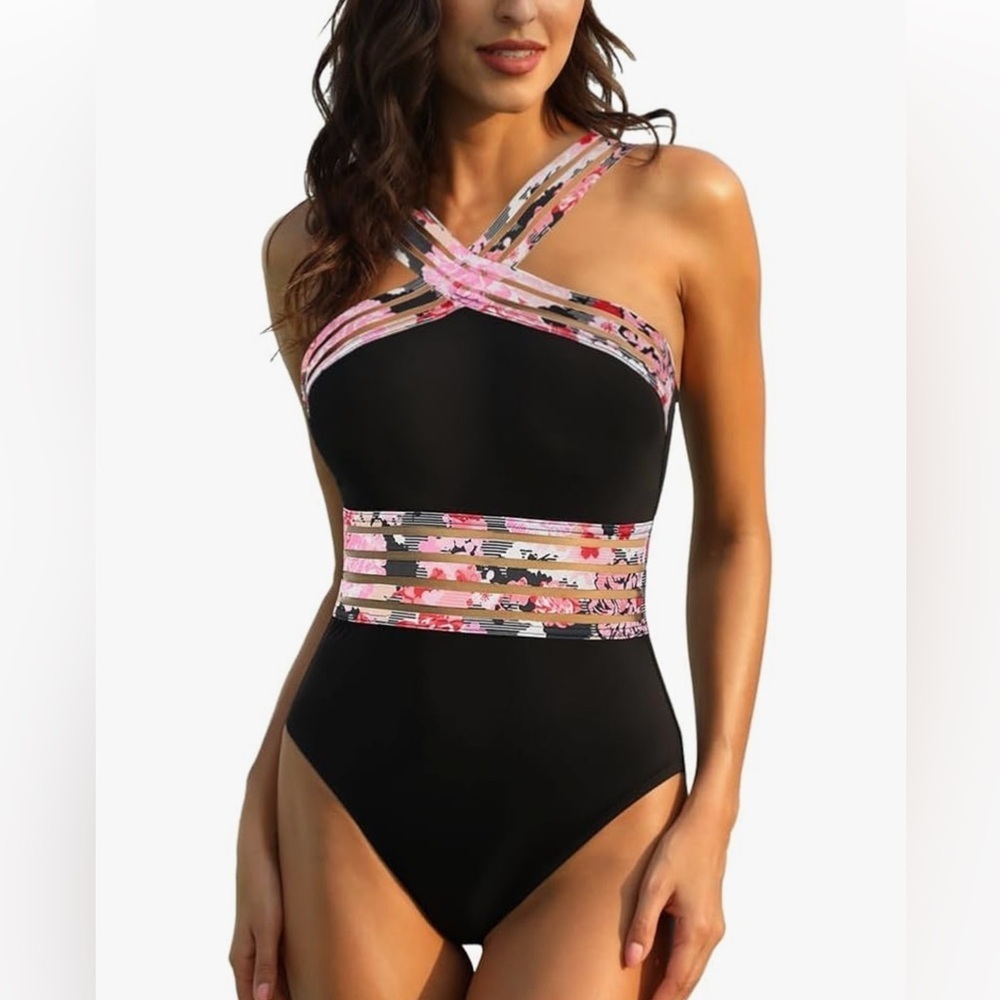 Women’s Floral Black and Pink One Piece Swimsuit - Picture 1 of 5